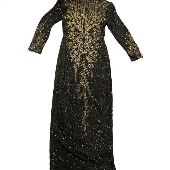 Vintage Swee Lo black and gold sparkling shimmery  sequin evening gown w/ split - Picture 2 of 13